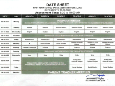 1st Term Revised Date Sheet for School Based Assessment 2023.